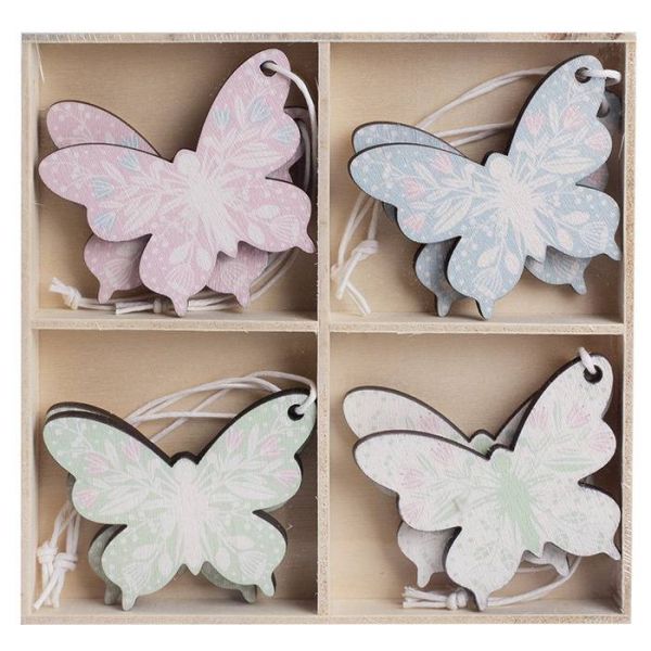 Felakasztható fa pillangó dekoráció - 8 darabos