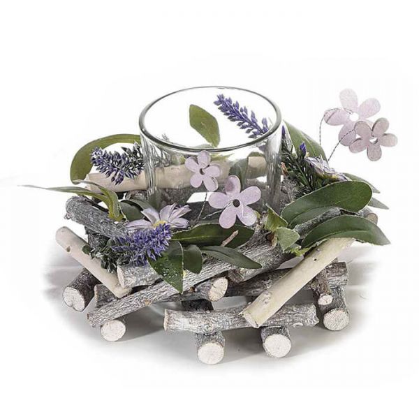 Virágos koszorú üveg mécsestartóval - 16x9 cm - lila virágos